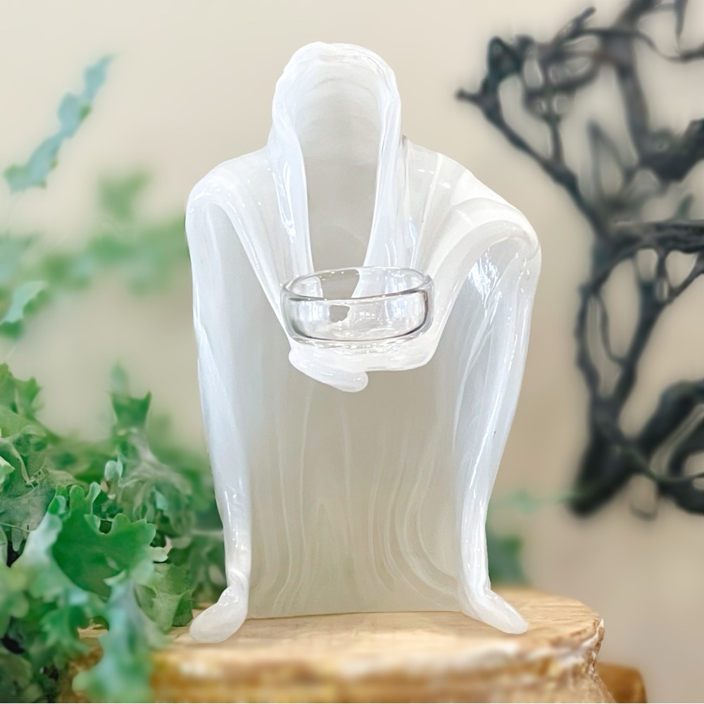 NEW Homegoods White Striated Hand Blown Glass Hooded Ghost Candle Holder